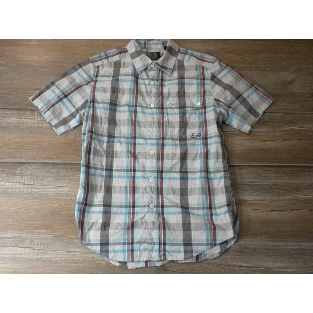 Fox Shirt Mens M Blue Plaid‎ Button Up Slim Fit Motocross MotoX Y2K Streetwear